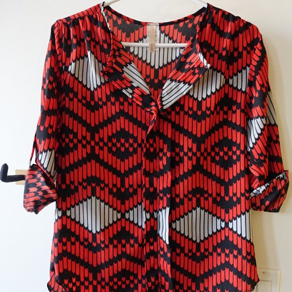 Poema geometric red grey black boho tunic top S SM Small - Picture 8 of 12